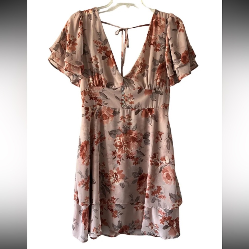 Altar'd State Pink and Brown Flutter Sleeve Sundress
